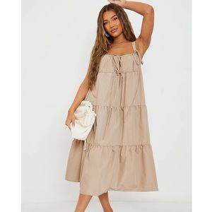New PLT Sand Woven Tie Tiered Midaxi Dress